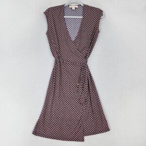 Michael Kors Dress Women Extra Small Blue Red Wrap Knee Length Tie Waist Stretch